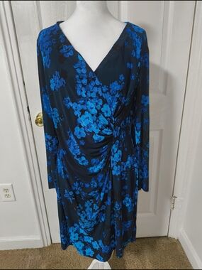 American Living Navy Dress with Bright Blue Floral Print, Long Sleeve